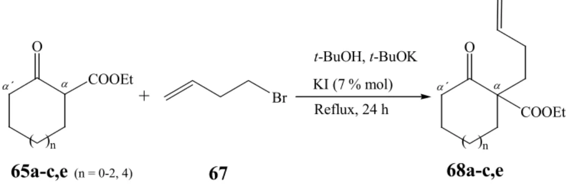 Table 3: Synthesis of ethyl 1-(but-3-enyl)-2-oxo-cycloalkane carboxylates (68a-c,e)  Reaction  n  Starting Mat