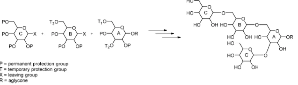 Figure 12: Oligosaccharide synthesis under utilization of a strategy including permanent and temporary protection groups