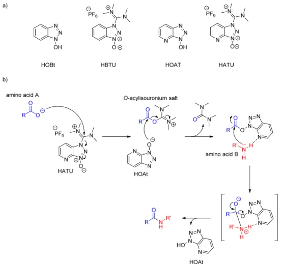 Figure 19: a) Coupling reagents used for SPPS. b) Mechanism of HATU mediated amide formation. 