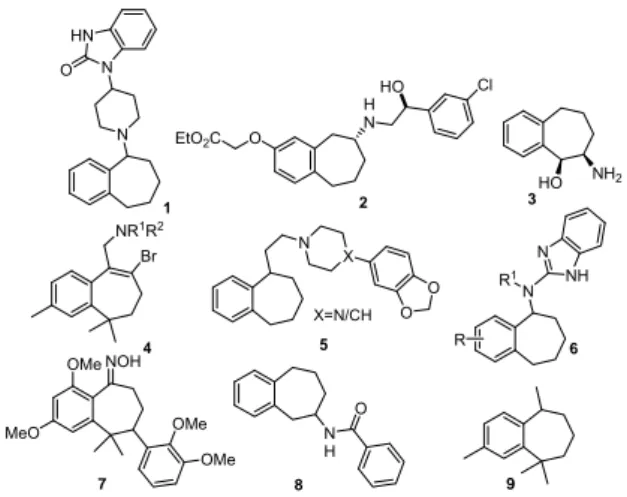 Figure 1: Structures of biologically potent ben- ben-zocycloheptene analogues + + 10 11 12 13 149Pd/C, H2, 5h, rt, EtOAc:MeOH (1:1) Pd/C, H 2 , 6h, rt,  EtOAc:MeOH (1:1)Pd/C, H2, 6h, rt, EtOAc:MeOH (1:1)ONR1516a-16e