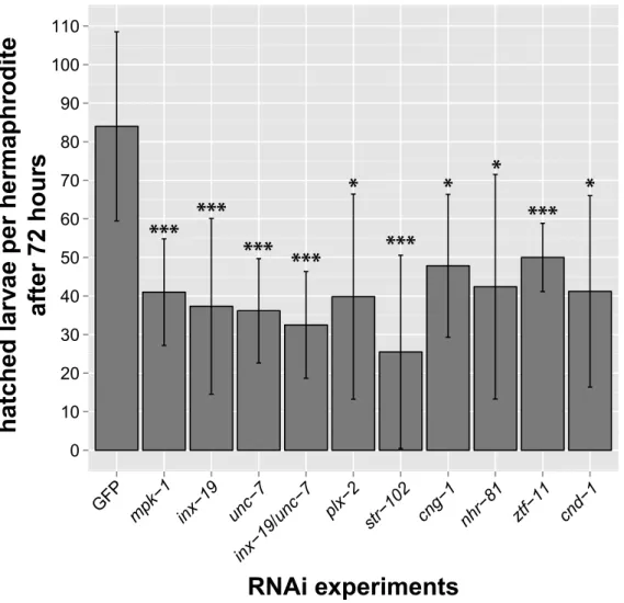 Figure 3.5: Bar plot representing the total amount of hatched larvae after 72 hours in different RNAi experiments