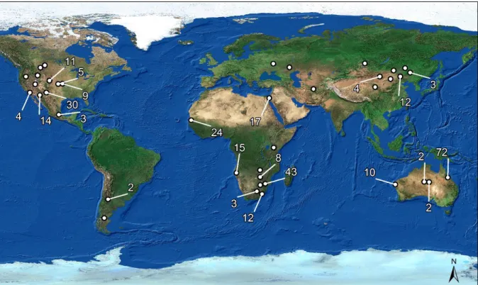 Figure 1.9: Global map of assembled dryland database used in this dissertation. In total, 322 data sets derived from roughly  50 studies were assembled