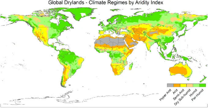 Figure 1.1: Overview on worlds’ broad climate regimes as defined by the United Nations Environment Programme (UNEP)  aridity index