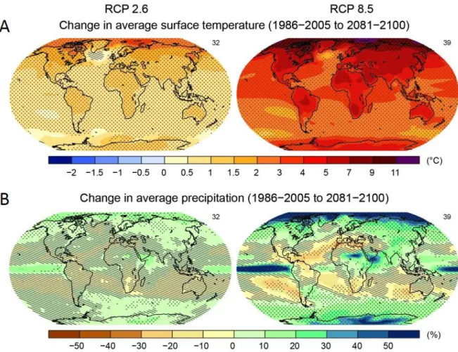 Figure  1.3:  Maps  of  projected  late  21st  century  annual  mean  surface  temperature  change  (A)  and  annual  mean  precipitation change (B)