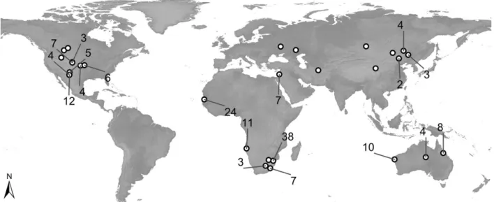 Figure 1: Global distribution of the dryland sites used in the study. In total, 174 datasets derived from 35 studies were  available for this study