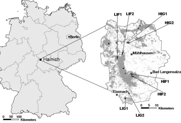 Figure  1.  Study  area  with  sampling  sites  of  biodiversity  project  across  Germany,  with  a  closer look to National Park of Hainich-Dün