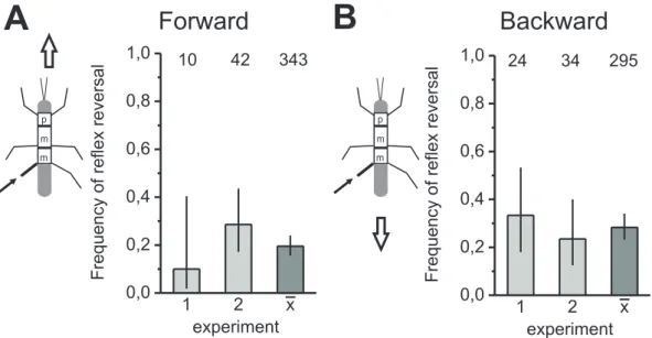 Figure 3.6: Reex reversals in the hind leg depend on walking direction. Bar histograms show the frequency of reex reversals in the hind leg's tibial muscles during displacement of the hind leg fCO in animals that were walking forward (A) and backward (B)