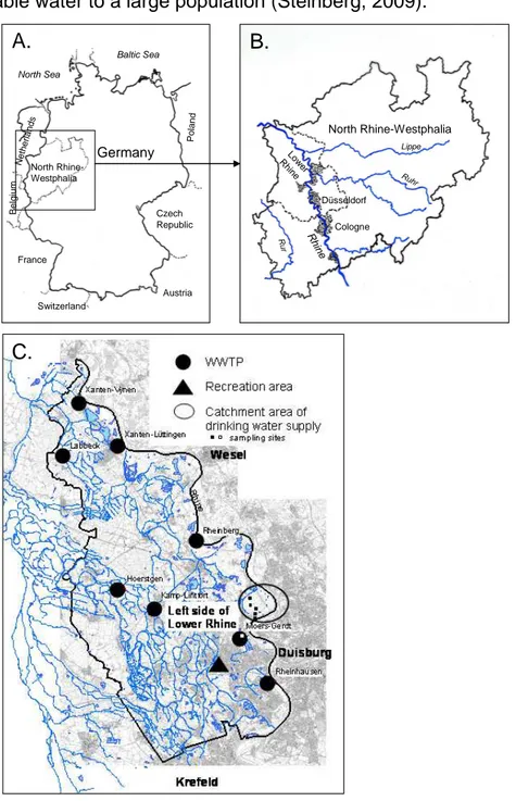 Figure  5:  Study  area:  North  Rhine-Westphalia  in  the  western  part  of  Germany  (A)  and  Lower  Rhine  area as a part of it (B)