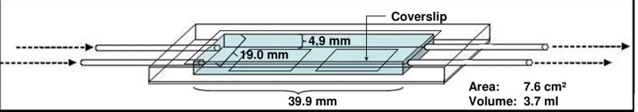 Fig.  1:  Schematic  drawing  of  a  flow  cell  including  the  two  coverslips  inserted  for  molecular  and  morphological analyses of the bacterial biofilm