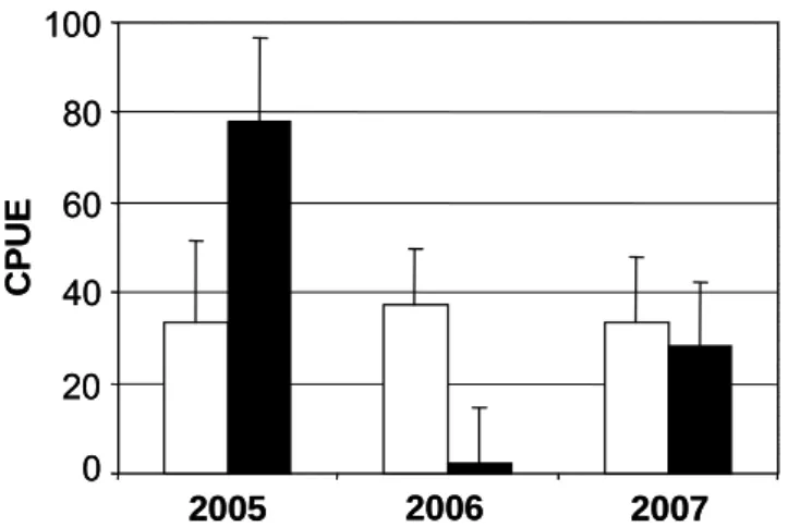 Figure 3: Mean catch-per-unit-effort (CPUE) for YOY perch from 2005 till 2007 separated into control sites (littoral  area = white) and plant islands (black)
