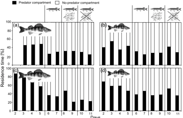 Figure 2. Residence time [%] of large (a, c) and small (b, d) perch during four different experimental periods: first  only perch, second with perch and predator, third with perch, predator and prey, fourth with perch and predator