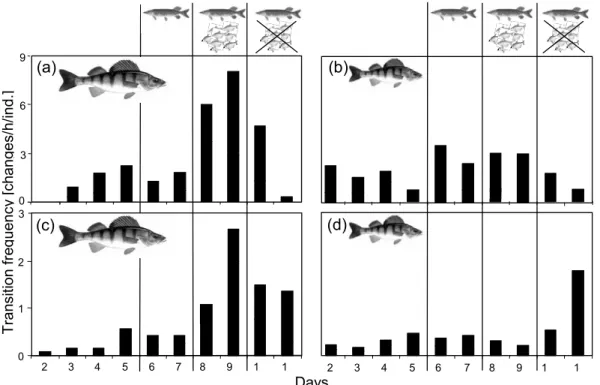 Figure 3. Transition frequency [changes h/ind.] of large (a, c) and small (b, d) perch in the two mesocosms during  different experimental periods: first only perch, second with perch and predator, third with perch, predator and  prey, fourth with perch an