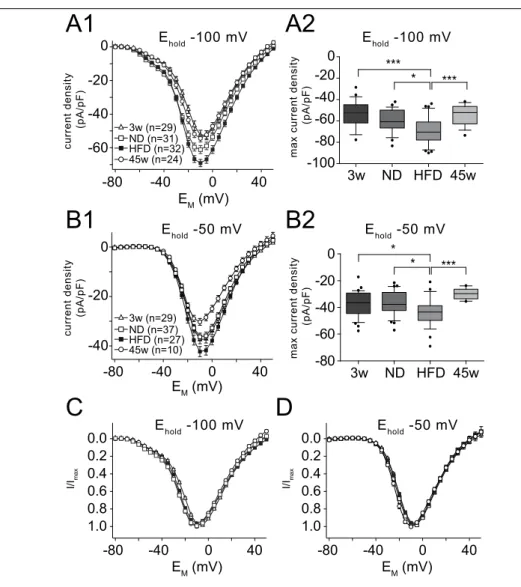 Figure 3.3: I Ca current density and I/V relation in different age and diet cohorts. (A1) Current den- den-sity/voltage relation of I Ca recorded from P14 – 21 suckling milk (3w), P105 – 140 normal diet (ND), P105 – 140 high-fat diet (HFD) and P304 – 334 n