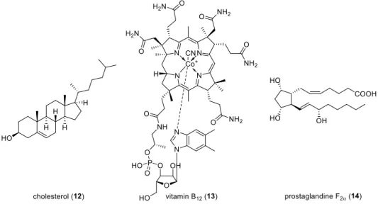 Figure 1.5: Structures of cholesterol (12), vitamin B 12  (13) and prostaglandine F 2α  (14)
