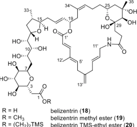 Figure 2.1: Structures of the natural product belizentrin (18) and its ester derivatives 19 and 20