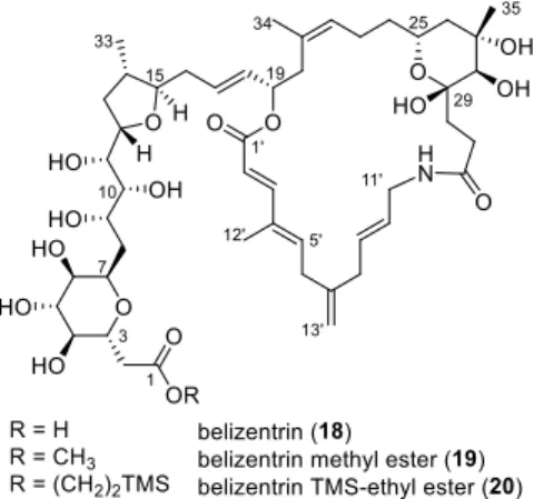 Figure 3.4: Structures of the natural product belizentrin (18) and its ester derivatives 19 and 20