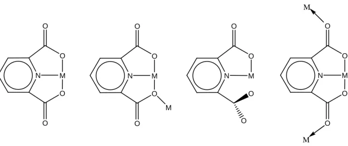 Fig. 1.3: Possible coordination modes of the anion of Pyridine-2,6-dicarboxylic acid               (2,6-pda), M = Metal [14]
