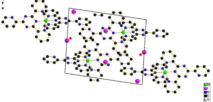 Fig. 3.6: Projection of the unit cell of [Ni(tptz) 2 ](I) 2 (H 2 O) along the crystallographic a-axis