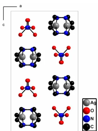 Abbildung 5.3.6: Ag(Pip)(NO 3 ) (TT): Darstellung der Elementarzelle entlang [010] (ohne  Darstellung der Wasserstoffatome)