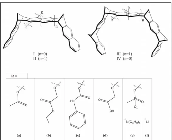 Abbildung 51: Schematische Darstellung der untersuchten Pinzetten (III und IV) und Klammern (I und II) und  der verschiedenen Substituenten (Acetat-(a), Essigsäureethylester-(b), Phenylisocyanat-(c), Essigsäure-(d) und  Phosphonat-(e und f) für die Benzo-K