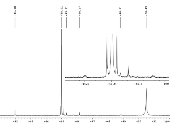 Abbildung 2.15: Ausschnitt des 19 F-NMR-Spektrums von Te(CF 3 ) 2 (CO 2 C 6 F 5 ) 2 in CD 3 NO 2 (Gerät: Avance II 300; Messtemperatur: RT)