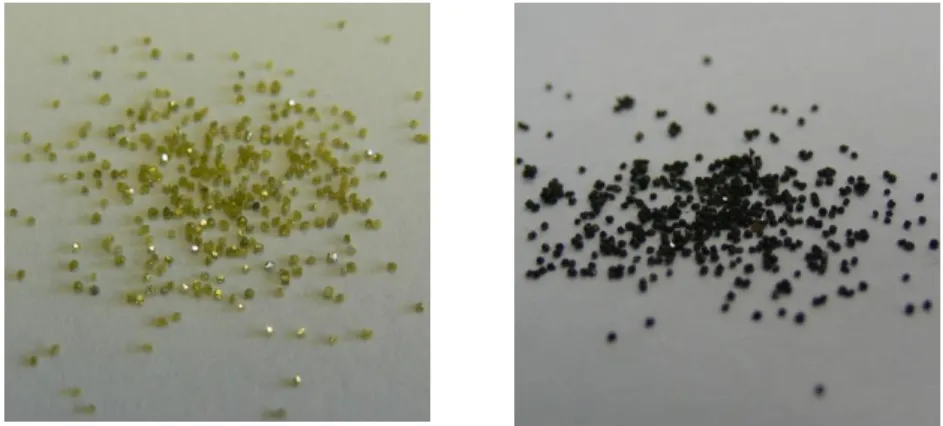 Abbildung 4.1:  (links):  Native  Diamanten.  (rechts):  Aus  einer  gesinterten  Metallmatrix  herausgelöste  Diamanten