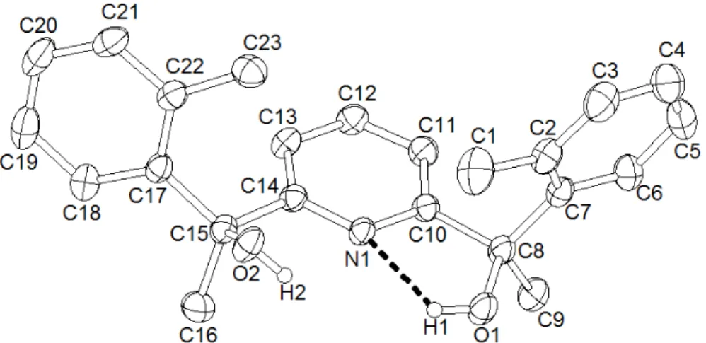 Abbildung 3.1.3: Molekülstruktur von (R,S/S,R)-PydotH 2  3 mit 30% Thermalellipsoiden; bis auf H1 und  H2 sind alle Protonen der Übersicht halber weggelassen