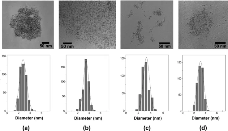 Figure 2. Selected in situ TEM images of the ruthenium nanoparticles in (a) BMI · NTf 2 , (b) DMI · NTf 2 , (c) BMI · BF 4 , and (d) DMI · BF 4 after the catalytic hydrogenation of toluene.