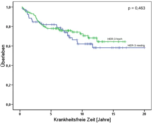 Abbildung  14:  Kaplan-Meier  Analyse  der  krankheitsfreien  Zeit  ergab  keine  Assoziation  von  HER-3  in  201  Patientinnen  mit  primären  Mammakarzinom  (log-rank,  p = 0,463)