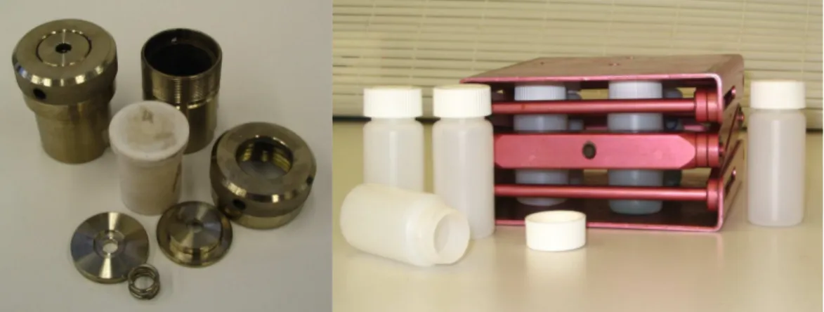 Abbildung 5: Stahlummantelte Teflonautoklaven (links) und Polyethylenschraubdeckelgefäße (rechts), mit denen  Solvothermalsynthesen durchgeführt wurden