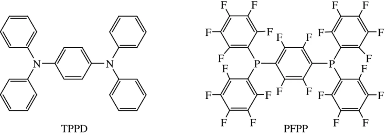 Abbildung  1-5:  Arylamin  und  Perfluorphenylenphosphan,  als  Modellsysteme  für  p-  und  n- n-leitende Materialien.
