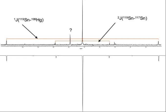 Abb. 2-12: Experimentelles (oben) und berechnetes (unten)  119 Sn{ 19 F}-NMR-Spektrum von  Hg[Sn(CF 2 CF 3 ) 3 ] 2  (s