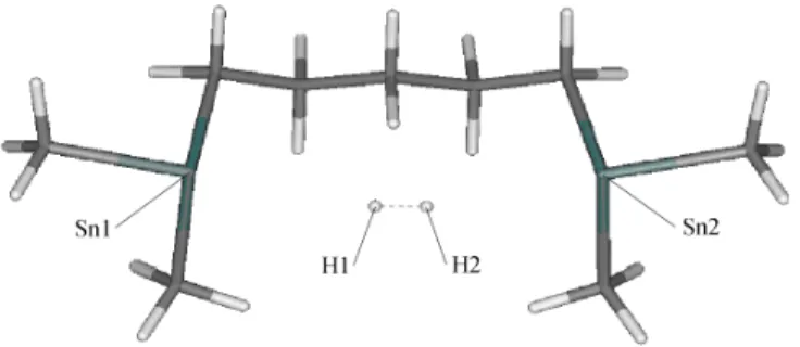 Abbildung 3.4: Optimierte Struktur des HMe 2 Sn(CH 2 ) 5 SnMe 2 H − nach Übertra- Übertra-gung eines Elektrons.