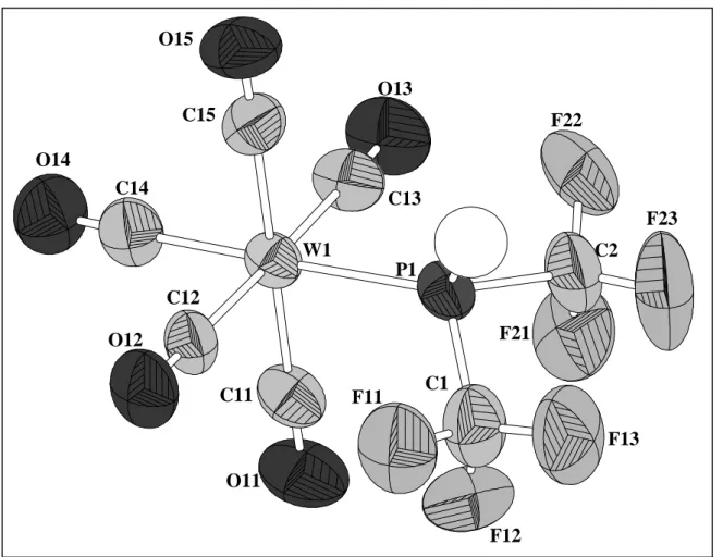 Abbildung 2-15:  Struktur von  [W(CO) 5 {PH(CF 3 ) 2 }] mit thermischen Ellipsoiden (50 %  Wahrscheinlichkeit)