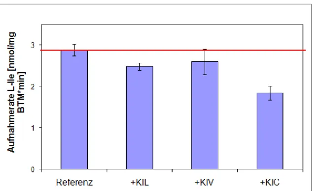 Abb. 6.3.1.1:   Aufnahmemessung  von  14 C-Ile  in  C.glutamicum  ohne  (Referenz)  und  in  Anwesenheit  eines 100-fachen Überschuss der α-Ketosäuren im V max  Bereich für Ile (50 µM) 