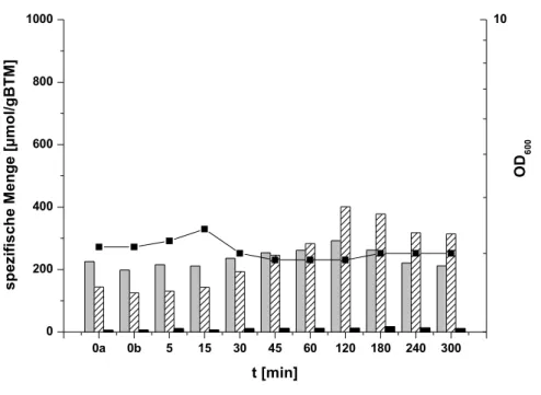 Abbildung  6:   Wachstum   und   interne   Akkumulation   von   Aminosäuren   im   13032ΔproC  nach   einem hyperosmotischen Schock von 0,9 auf 2,2 osm/kg in MMI-Medium