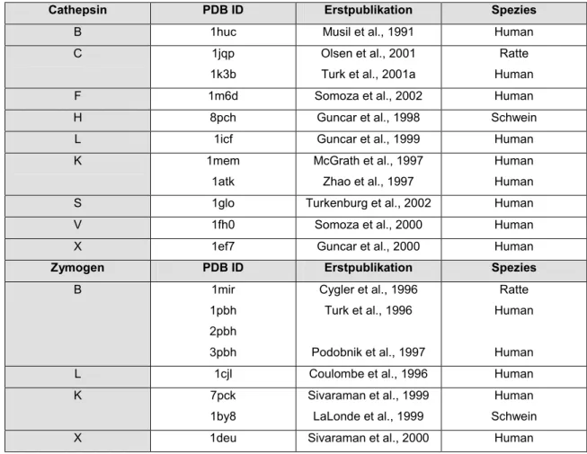 Tabelle 2.3: Erstpublikationen und Proteindatenbank (PBD) ID Nummern der Cathepsin- bzw