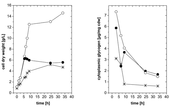Fig. 4: Effect of the carbon source on bacterial growth and cytoplasmic glycogen synthesis of  C