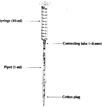 Abb. 2.1.2: Verwendete Sepharosesäule zur Größenfraktionierung der cDNA         Syringe= Spritze, Pipet= Pipette, Cotton Plug= Wattestopfen         Connecting tube= Gummischlauch