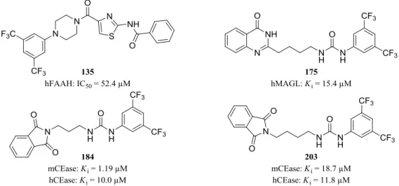 Abb. 2: Molekülstrukturen des Thiazolinhibitors 135,  ω-Chinazolinonylalkylarylharnstoffinhibitors 175, und der  ω -Phthalimidoalkylarylharnstoffinhibitoren 184 und 203.