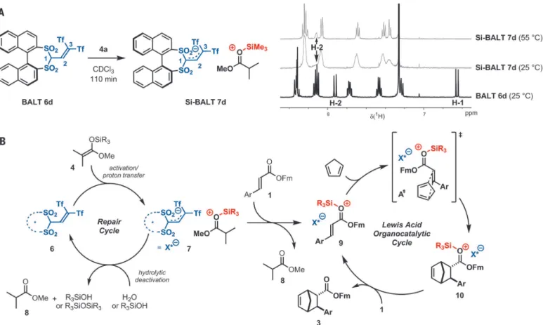 Fig. 4. Proposed catalytic cycle and mechanistic considerations. (A) In situ NMR spectroscopic study of catalyst activation