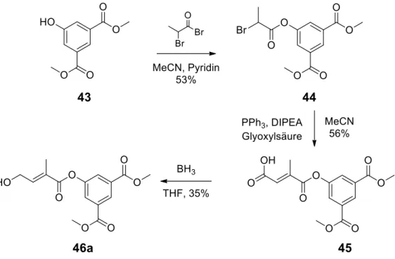 Abbildung 31 Syntheseweg sterisch anspruchsvoller aromatischer 4-Hydroxy-2-methyl-crotonsäureester am Bei- Bei-spiel der Verbindung 46a über eine Acylierung gefolgt von einer Wittig-Reaktion und Reduktion mit BH 3.