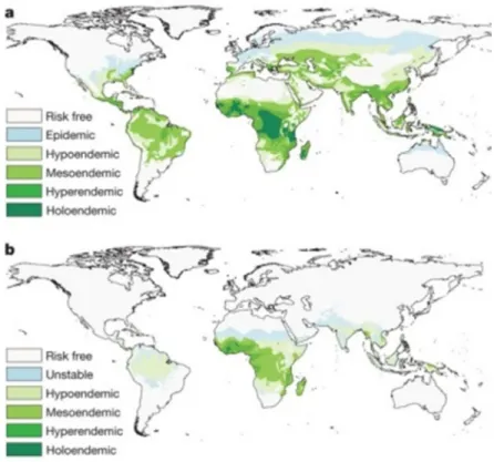 Abbildung 1 Malaria gefährdete Gebiete a) Jahr 1900, b) Jahr 2007. [2] 