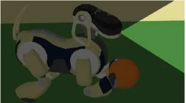 Figure 3.6: An Aibo which turns around a ball and cannot see it. To illustrate this the opening angle of the camera is lit.