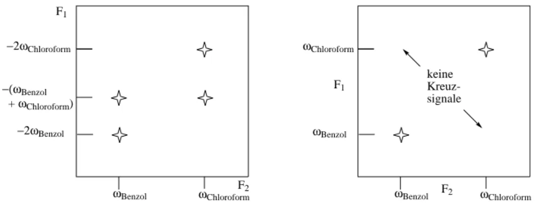 Abbildung 3.22: Schematisches CRAZED-(links) und COSY-Spektrum (rechts). Die im COSY-Spektrum abgebildeten Signale erscheinen nur ohne  Doppel-quantenfilter.