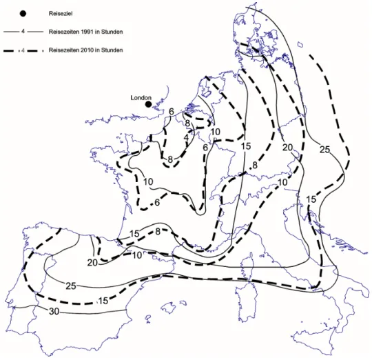Abbildung 3. Beispiel für  Isochronenkarten: Eisenbahnreisezeiten nach Lon- Lon-don, 1991 und 2010  (Spiekermann und Wegener, 1994c).