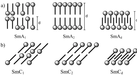Abbildung 3:   a)  Strukturen der smektischen A-Subphasen;  b)  Strukturen der smektischen C- C-Subphasen