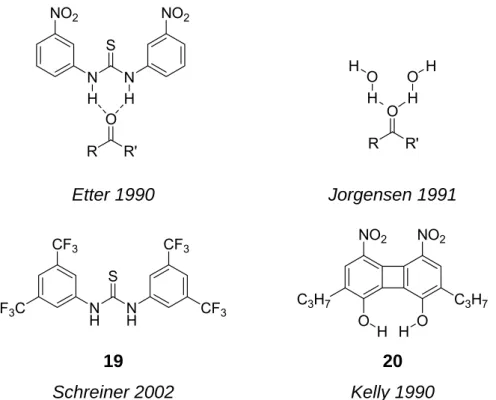Abb. 3-5: Etter’s Modell für die Koordination von Harnstoffen an Carbonylverbindungen und das Hydrati- Hydrati-sierungsmodell von Jorgensen (oben)