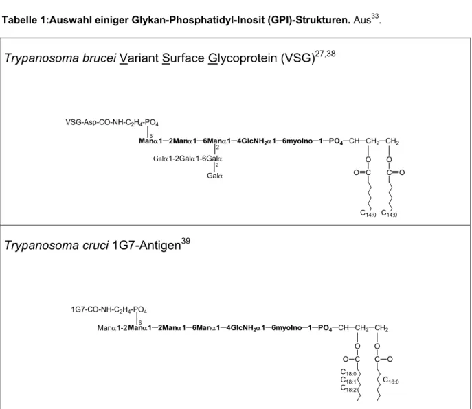 Tabelle 1:Auswahl einiger Glykan-Phosphatidyl-Inosit (GPI)-Strukturen. Aus 33 . 