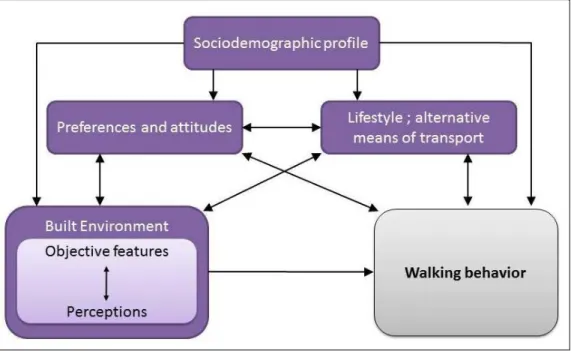 Figure 2.1 above summarizes the relationship between the factors influencing people to walk or not